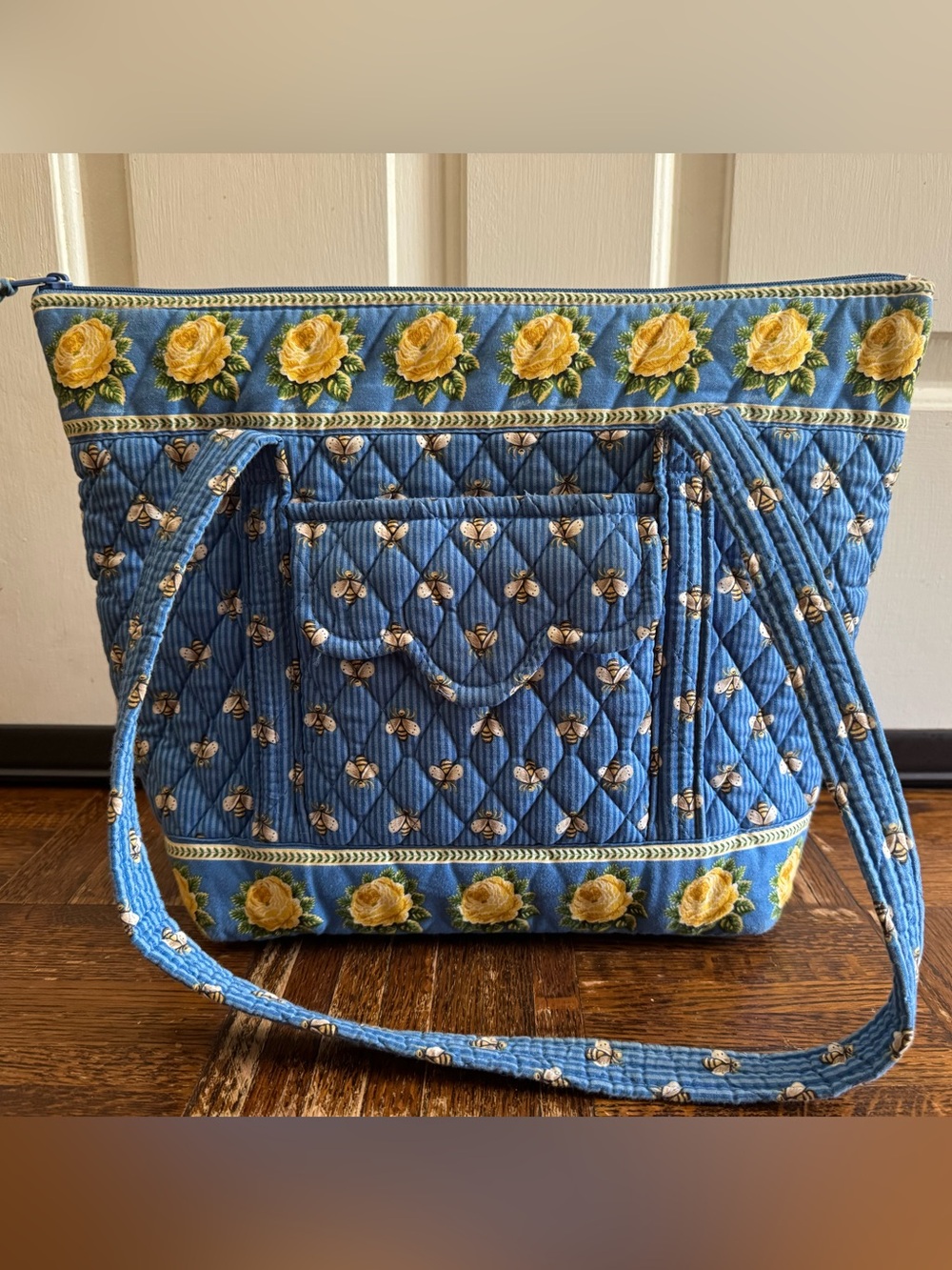 Vera Bradley Blue Quilted Tote with Yellow Rose & Bee Motif